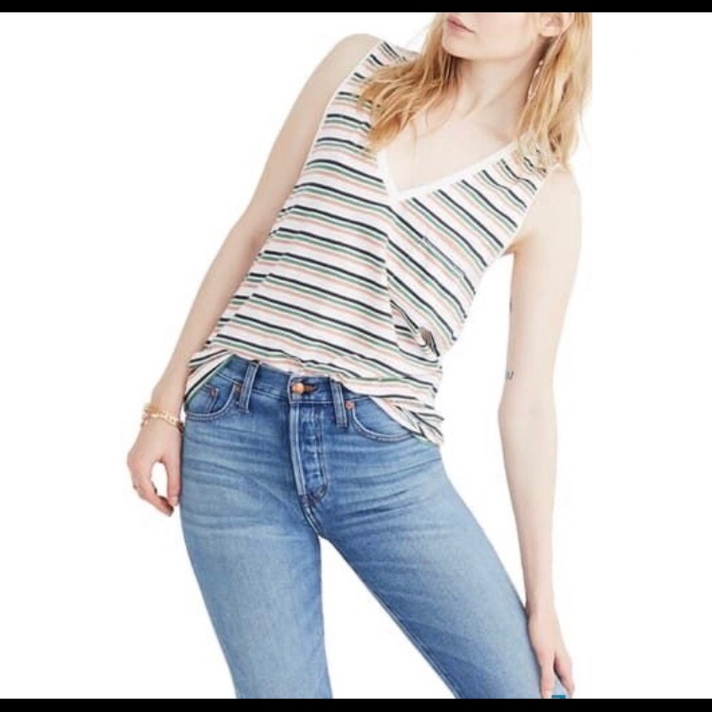 Madewell Tricolor Cotton Stripe V Neck Sleeveless Tank Top Shirt Size Large